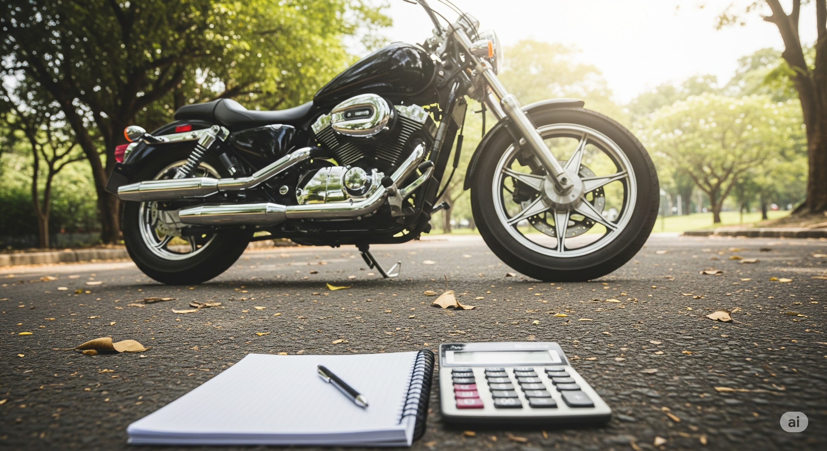 バイクの横で維持費を計算する様子