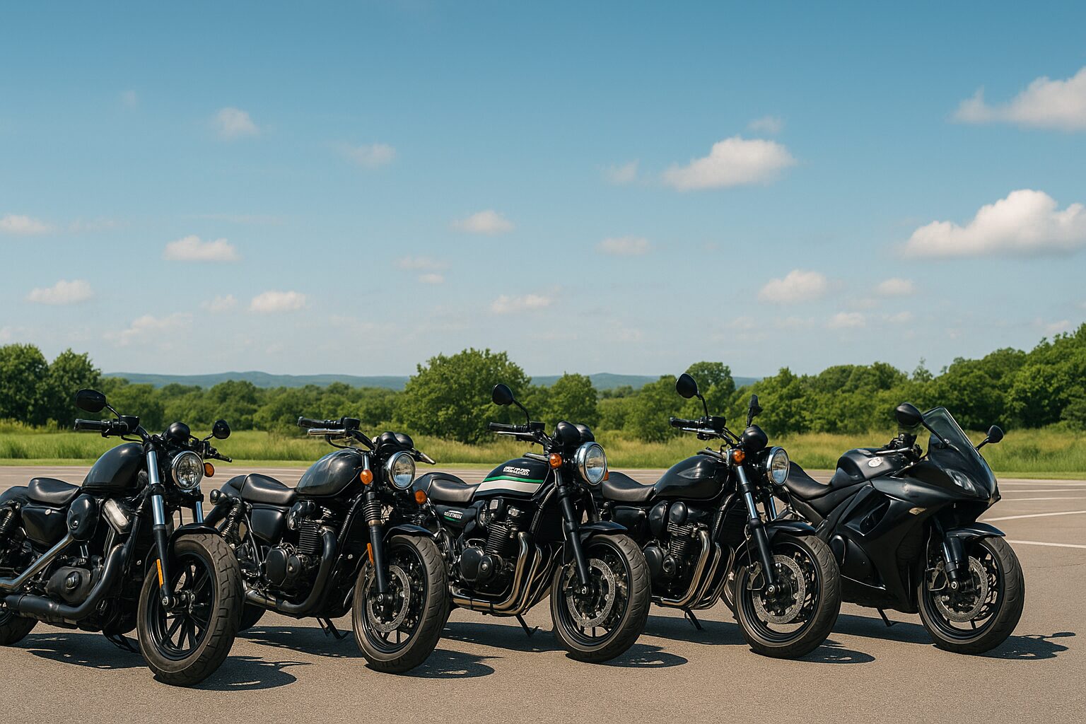 郊外の駐車場に並ぶごつい見た目の大型バイク5台（フォーティーエイト風・BOLT風・Z900RS風・スポーツスター1200風・隼風）