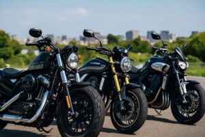 複数のごつい大型クルーザーバイクが並んで停車しているシーン
