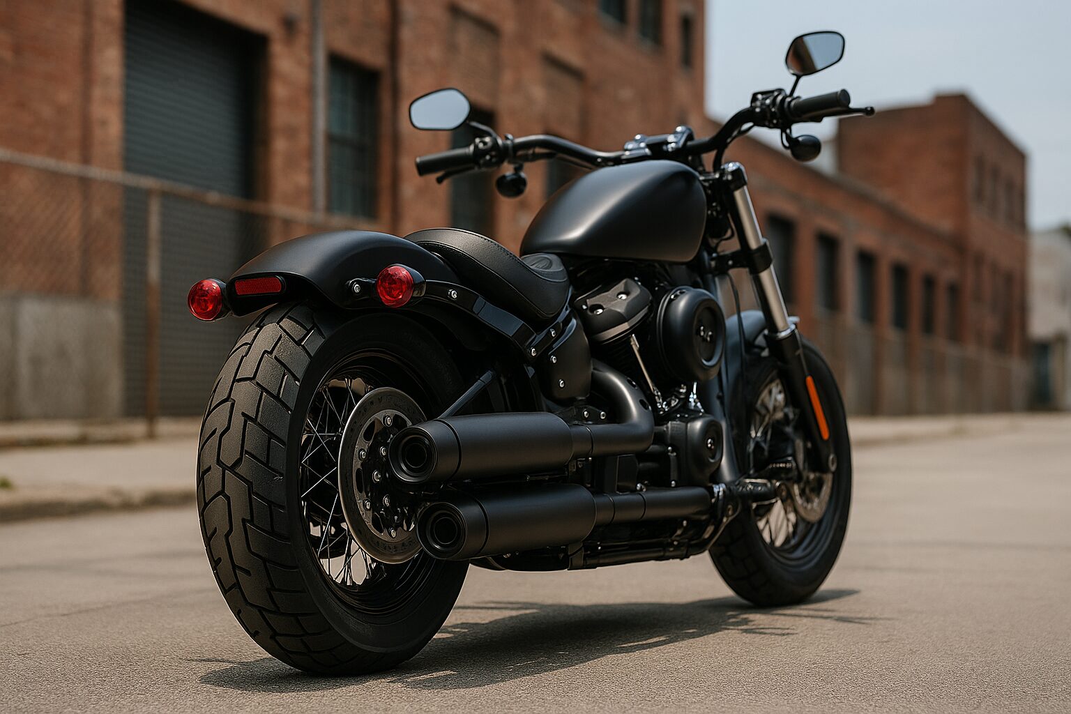 極太タイヤと重厚なマフラーを備えたハーレー風バイクの後方アングル