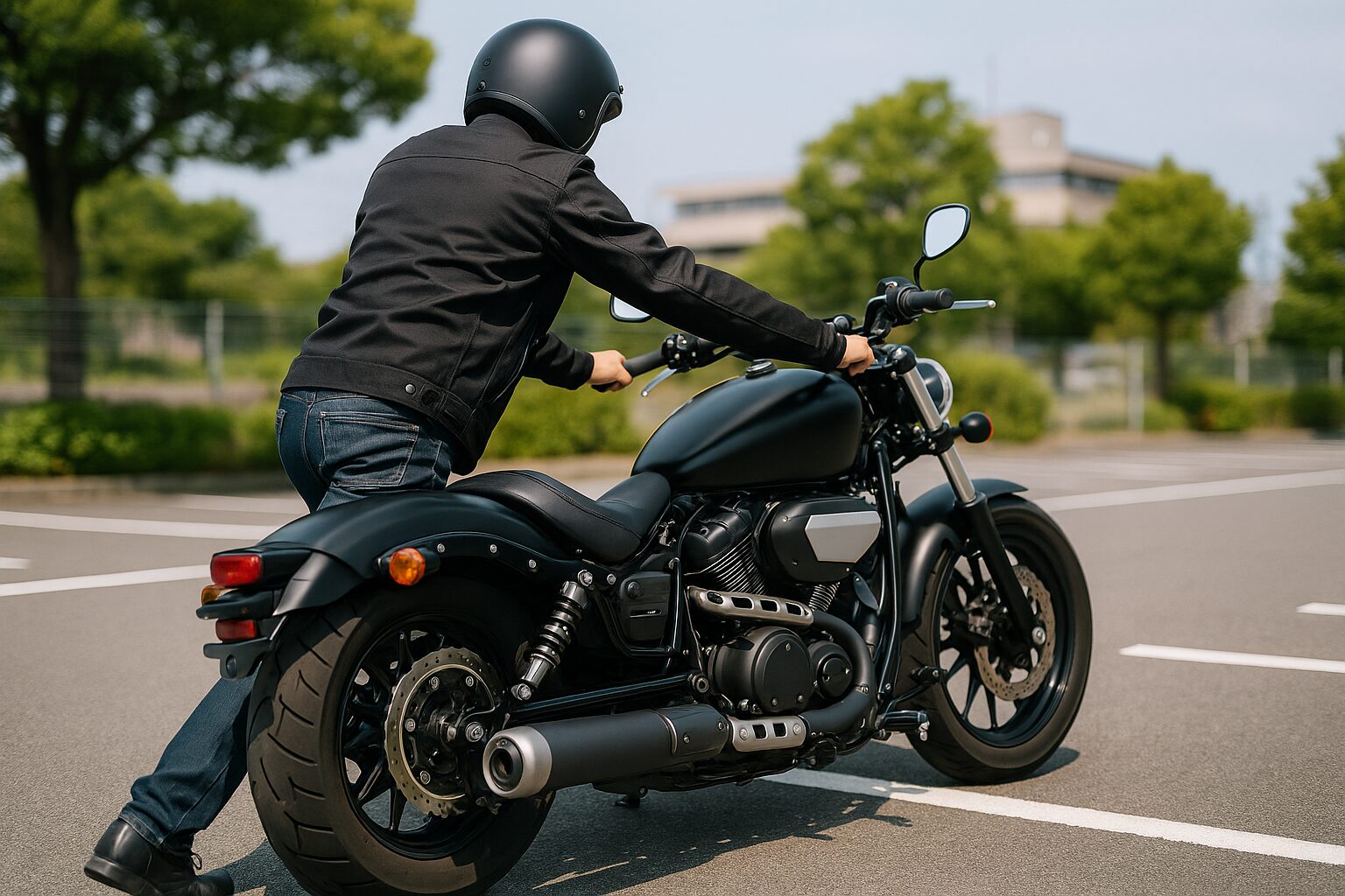 ロー＆ロング系の大型バイクを押して駐車場に入れる初心者ライダーの後ろ姿