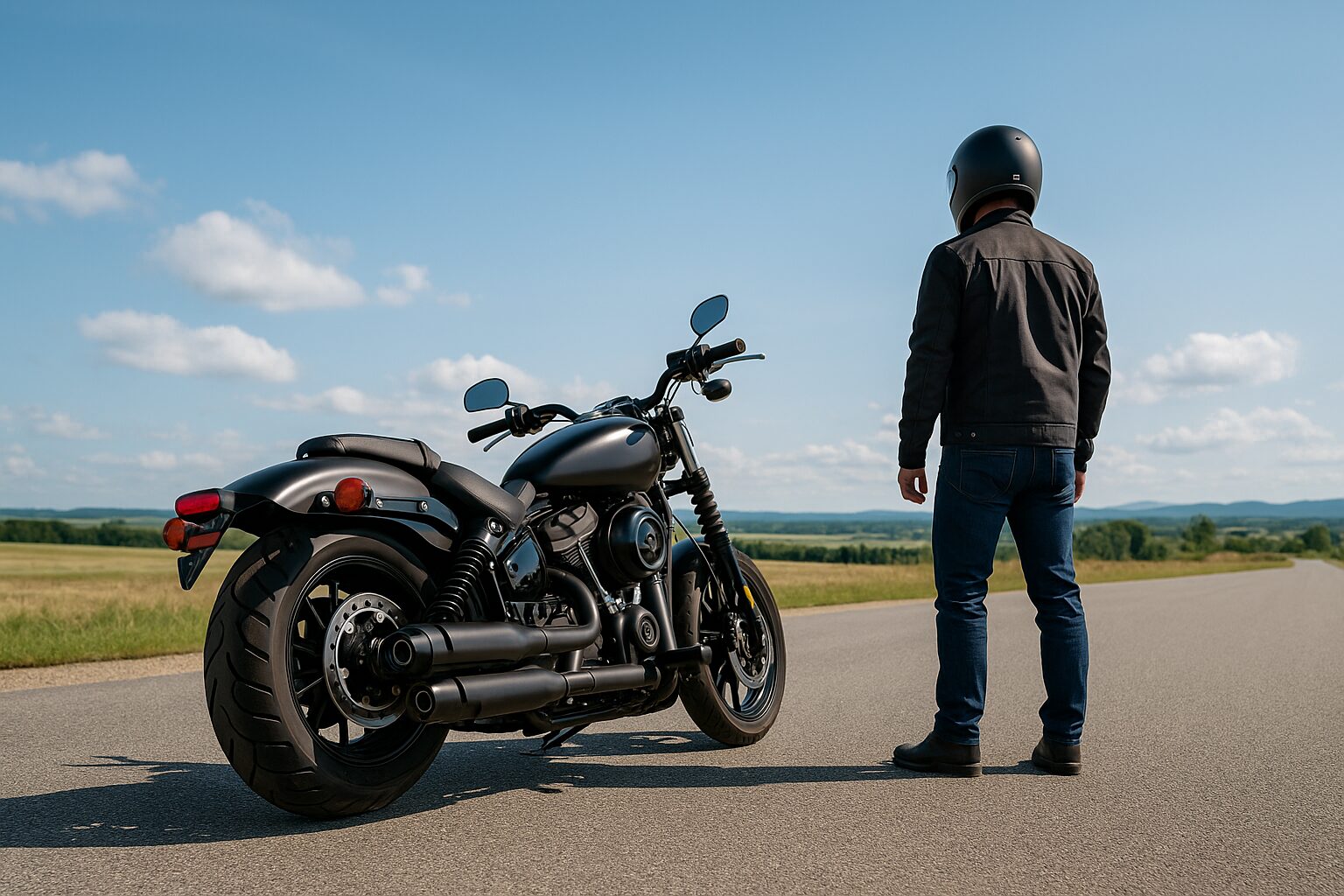広い道に停車したごつい大型バイクとライダーの後ろ姿