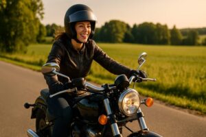 大型バイクで走行中の楽しそうな女性ライダーの横長写真