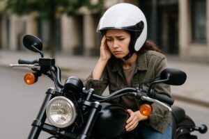 大型バイクの前で不安そうな表情を見せる女性ライダーの横長写真