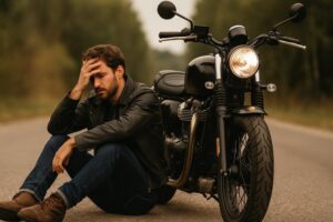 大型バイクの横で頭を抱えて悩む男性ライダーの様子