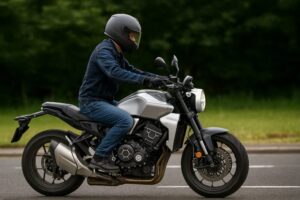 大型バイクを試乗する男性ライダーの横長構図