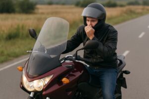 大型バイクの前で不安そうに立つ若いライダー