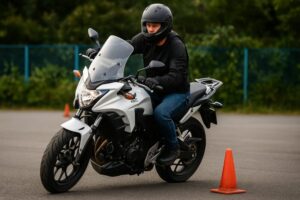 広いスペースで大型バイクの取り回しを練習するライダー