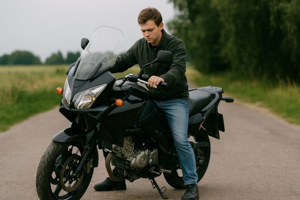 足つきを確認する初心者ライダーが大型バイクにまたがっている様子