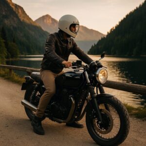 「湖畔でレトロバイクにまたがるライダーが夕暮れの風景を見つめている様子