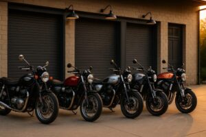 夕暮れのガレージ前に5台のクラシック＆ネオクラ大型バイクが横並びに駐車されている