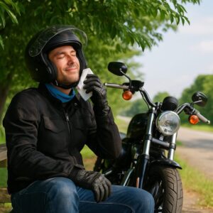 日陰で涼みながら頬をタオルで拭うライダーと大型バイクの写真
