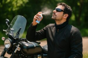 メッシュジャケット姿のライダーが冷感スプレーを顔に吹きかけている写真