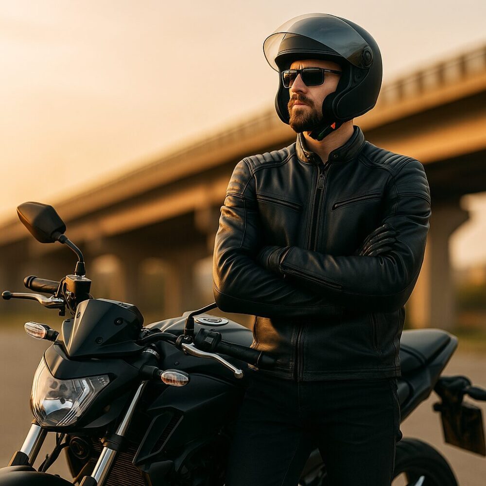 夕焼けを背景に、大型バイクのそばで腕を組んで立つレザージャケット姿の男性ライダーの横長写真。