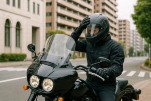市街地で大型バイクにまたがり、ヘルメットを装着するライダーの横長写真。