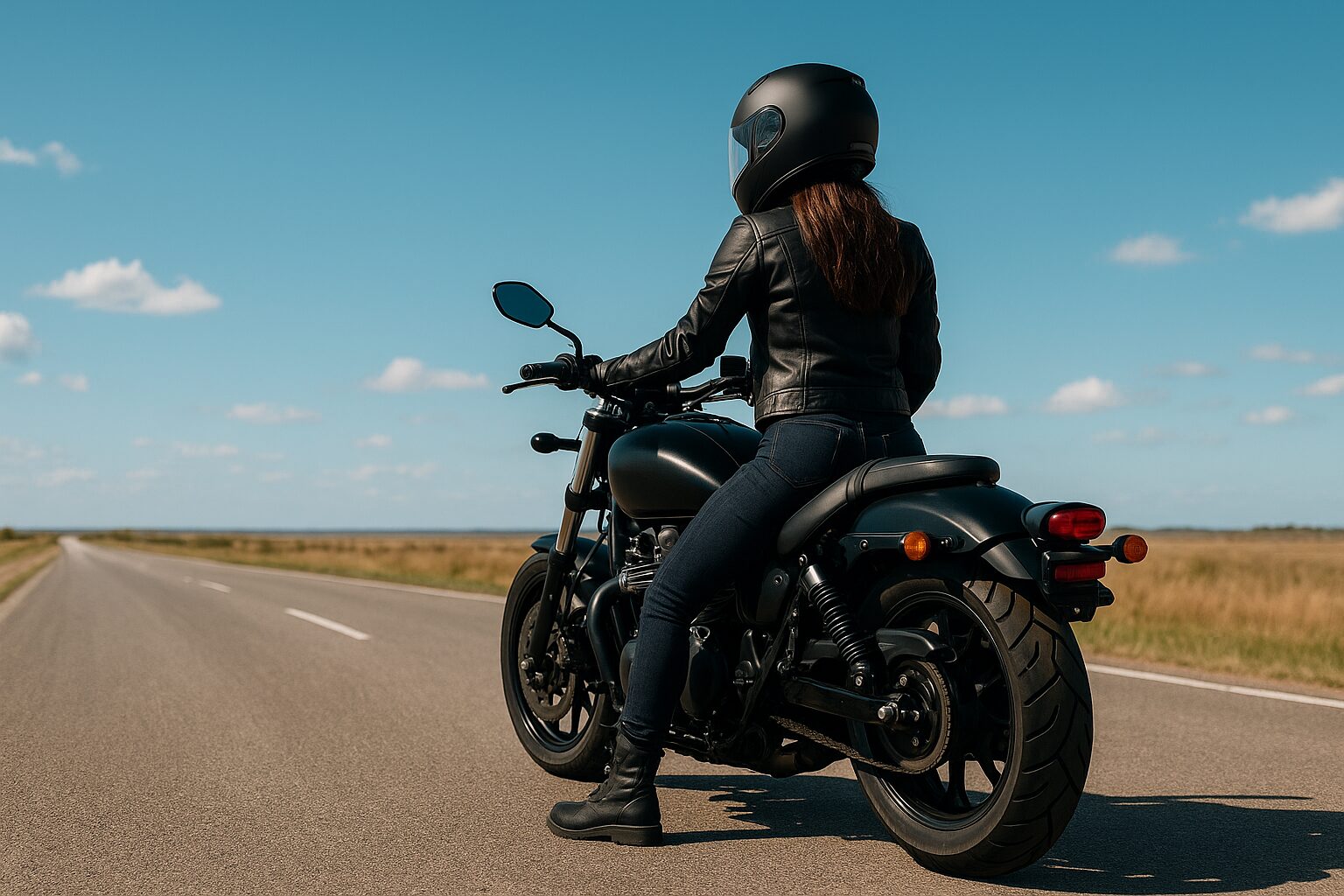 広い道路に停車した黒い大型バイクにまたがる女性ライダーの後ろ姿。開けた空と自然光の中で走り出す直前の一瞬をとらえた構図。