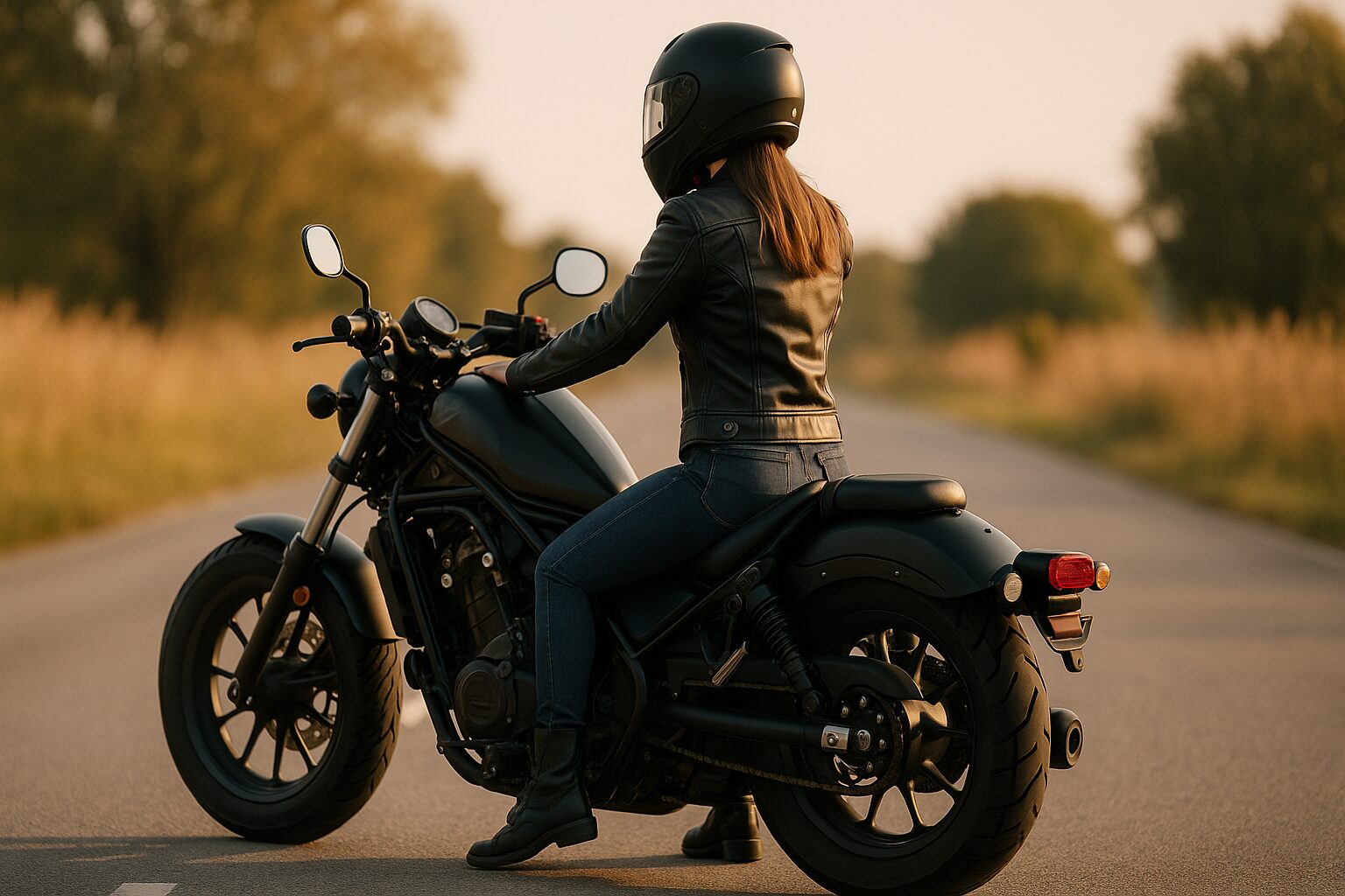 低めのシートにまたがり、Rebel 1100風の海外バイクで走り出そうとする女性ライダーの後ろ姿。自然光の中で穏やかな夕方の道路にたたずむ。