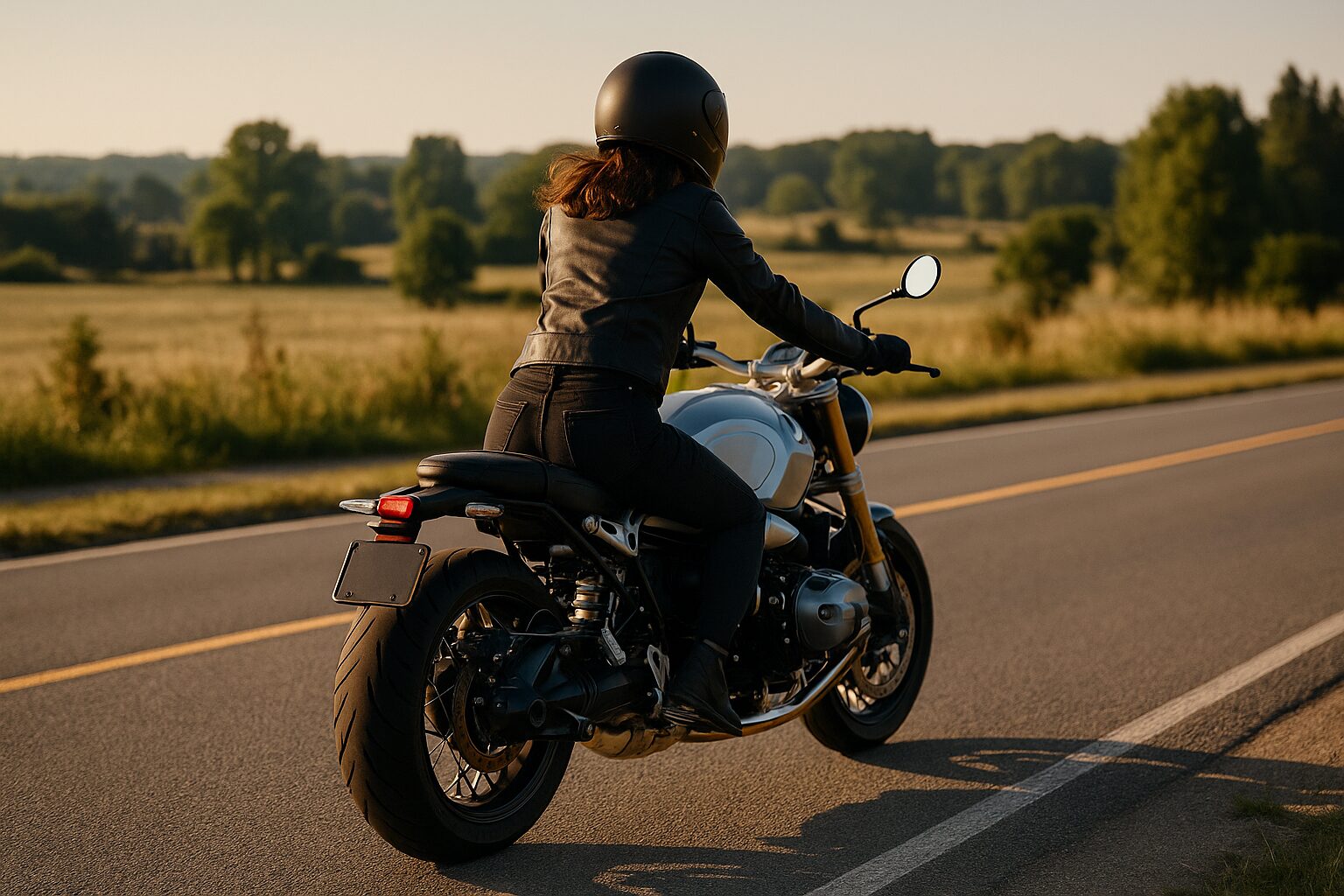 郊外の道を走るBMW風大型バイクと女性ライダーの後ろ姿。自然光に包まれた開放的な直線道路。