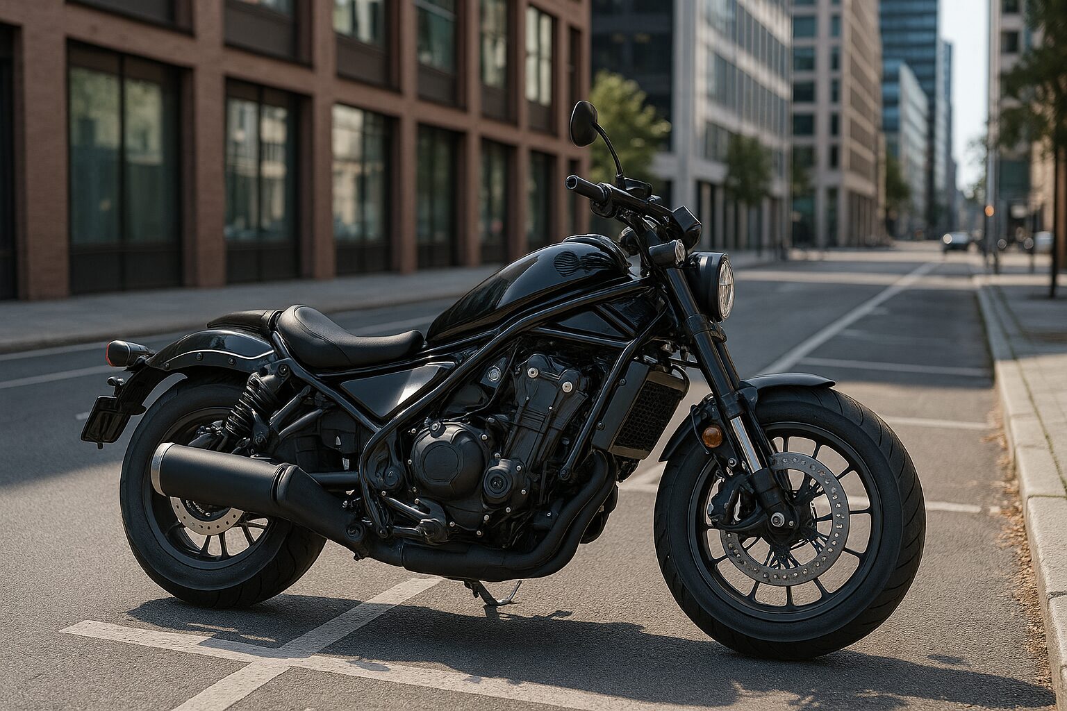 筋肉質な大型バイクが都会の駐車スペースに停車している様子。背景には近代的なビルが並び、自然光が差し込んでいる