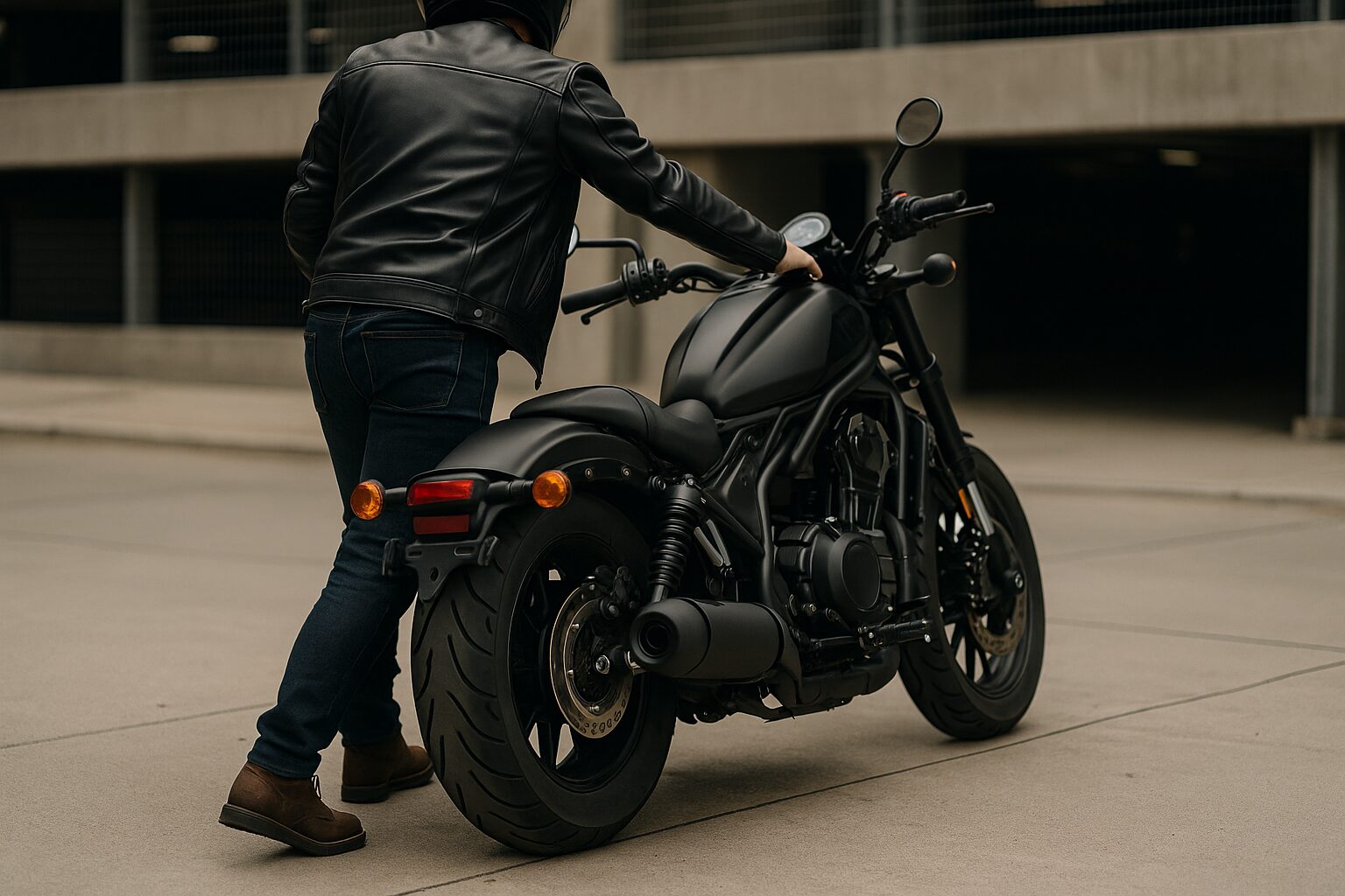 初心者ライダーが筋肉質な大型バイクを押し引きしている様子。駐車場で取り回しに挑戦する後ろ姿