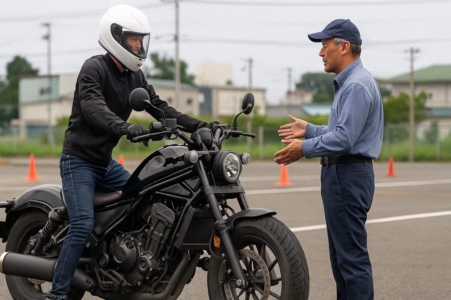 教習所で筋肉質な大型バイクにまたがり、スタッフから説明を受けている初心者ライダーの様子。パイロンと練習エリアが背景にある