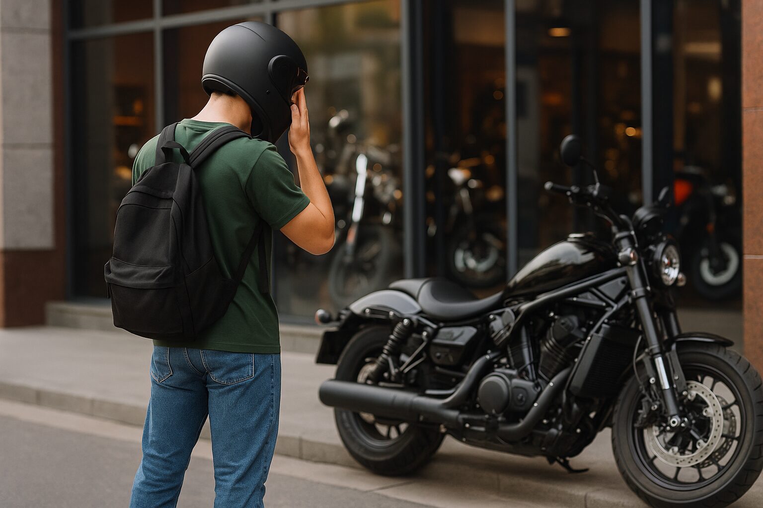 筋肉質な大型バイクの前で立ち止まり、選ぶかどうか悩んでいる初心者ライダーの後ろ姿。背景には街中のバイクショップがある