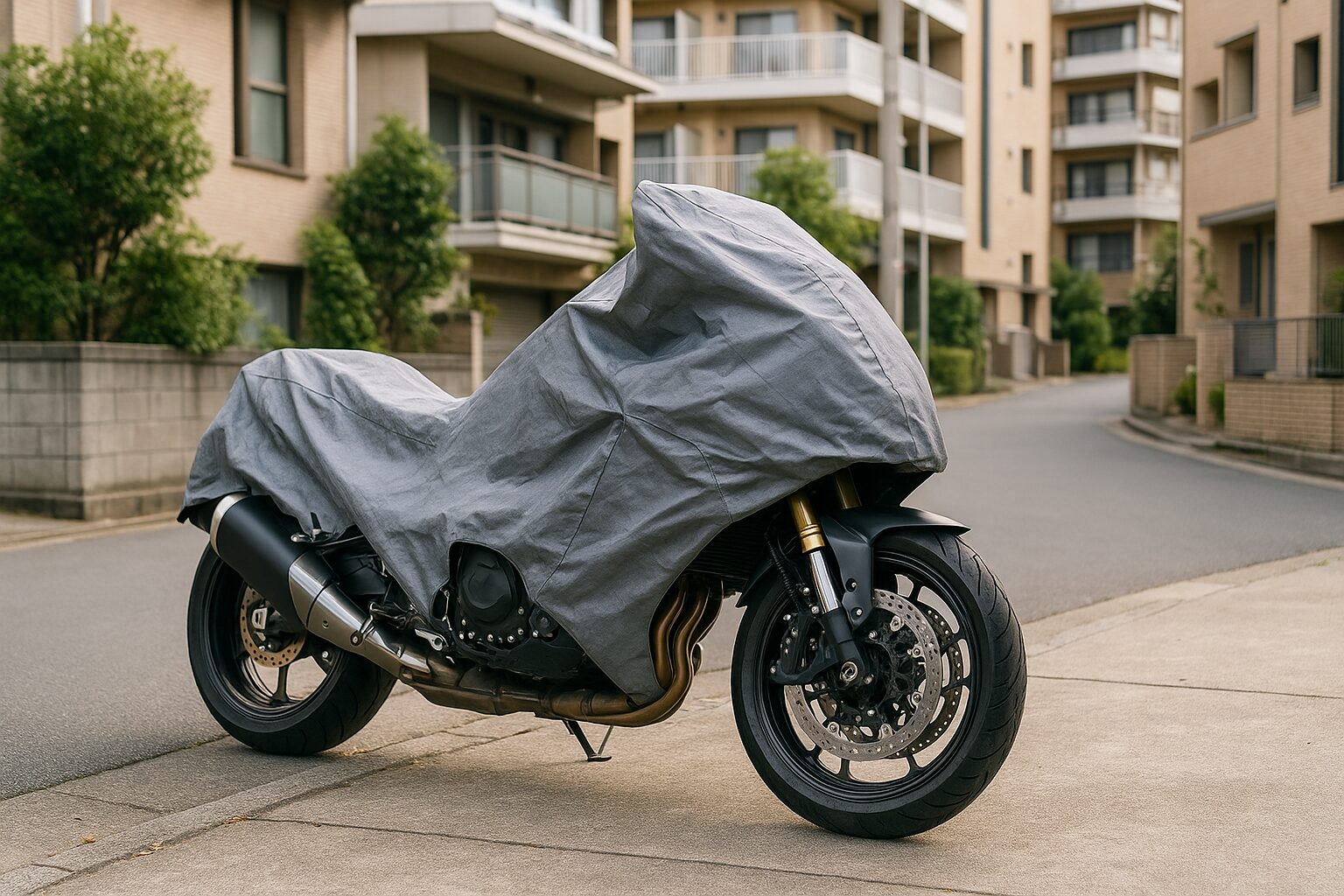 カバーがかけられた筋肉質な大型バイクが住宅街の一角に駐輪されている様子