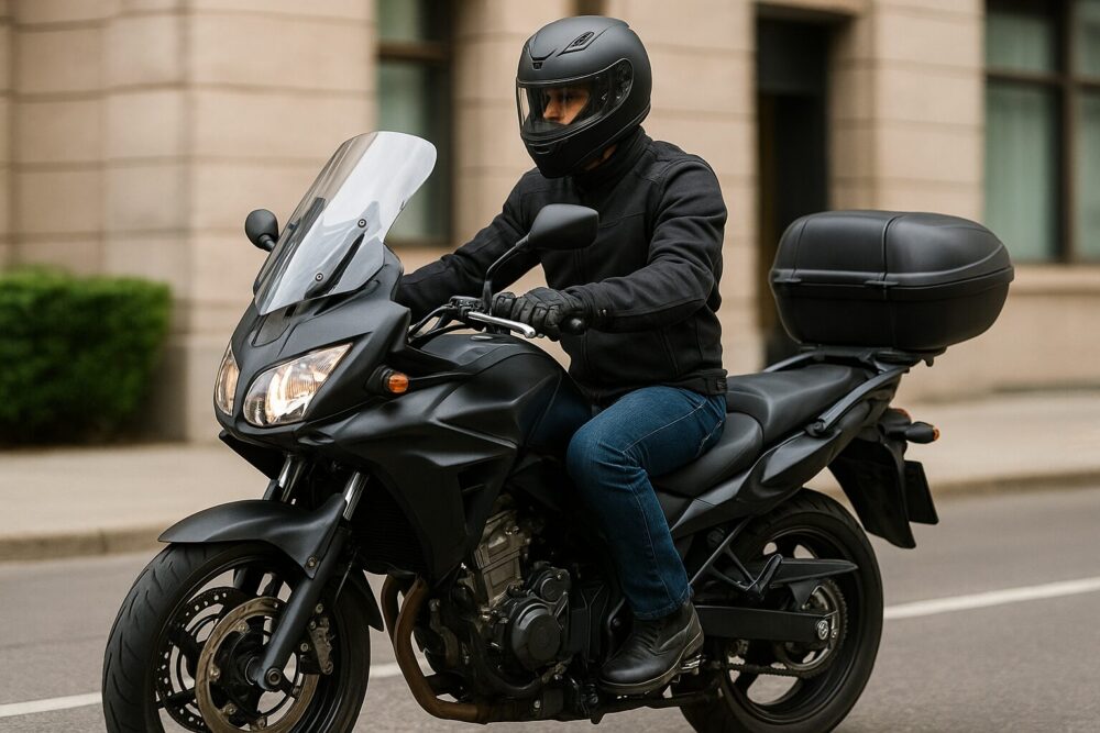 朝日を背に大型バイクで郊外を通勤するライダーの後ろ姿をとらえた写真