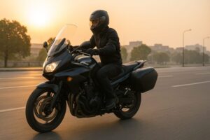 都市の幹線道路を大型バイクで走行する通勤中のライダーの横長ショット