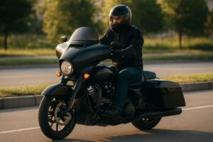 ヘルメットを装着したライダーが大型バイクで朝の通勤路を走る正面からの構図