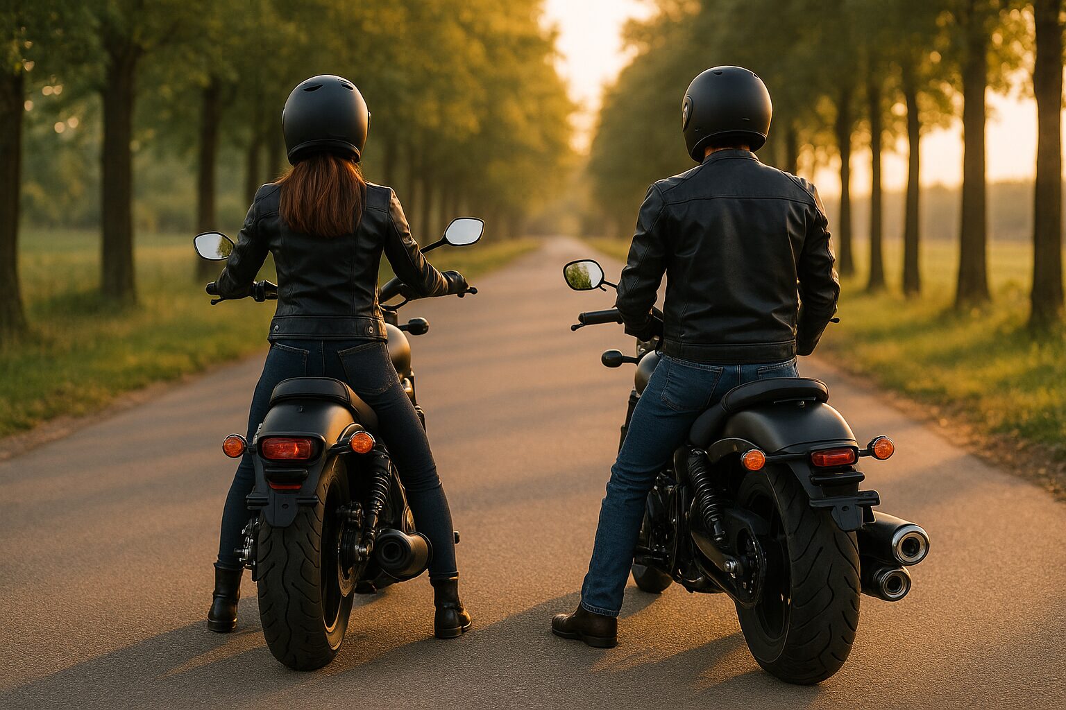 夕暮れの並木道で並んで停車する20代の男女ライダーの後ろ姿