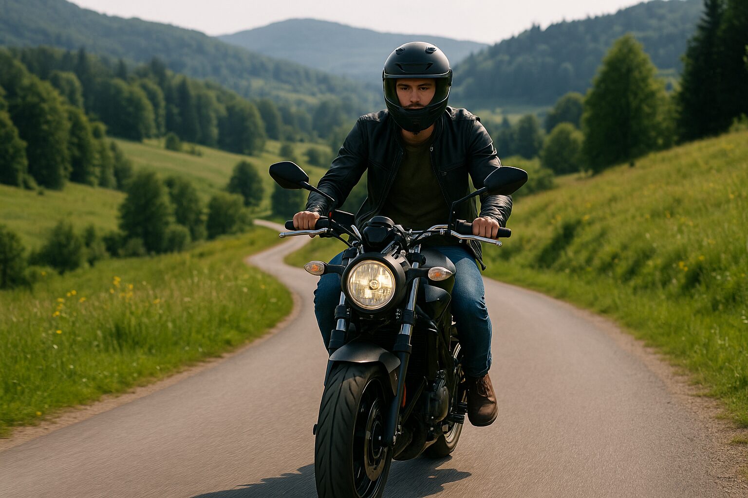 自然の中を走る若いライダーが黒いネイキッドバイクでカーブ道を走行中