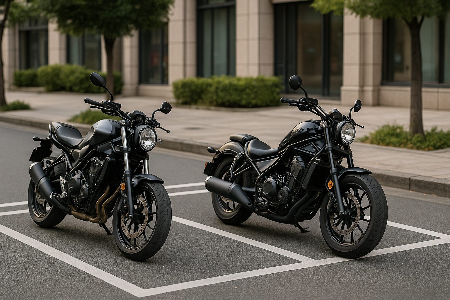 　街中に並んで停車するネイキッドとクルーザーの大型バイク
