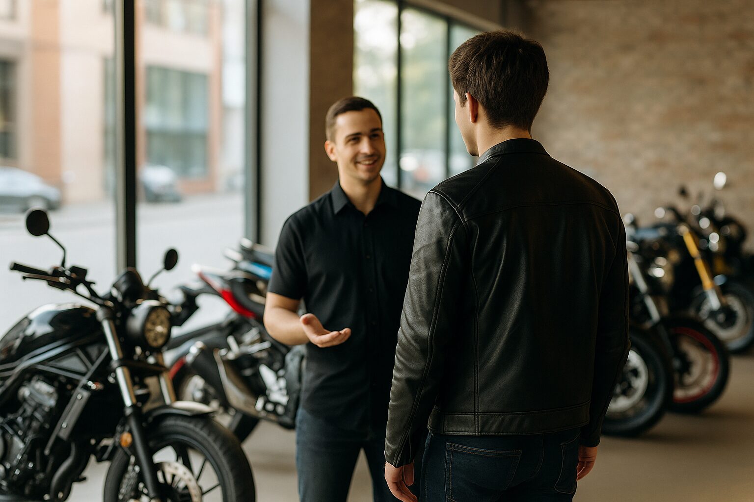 中古バイクショップで販売員と相談する若い男性ライダー