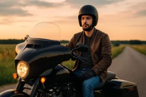 大型バイクで夕暮れの道路を走る30代男性ライダー