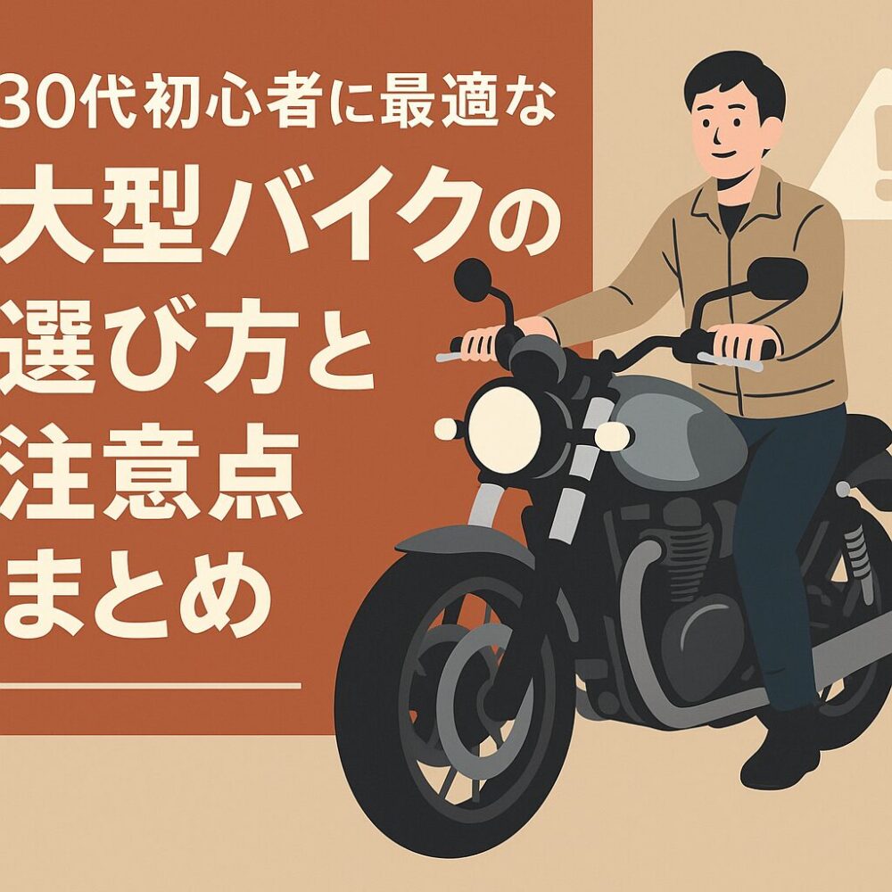 大型バイクを選ぶ30代の初心者ライダーをイメージした雰囲気のある写真風イラスト
