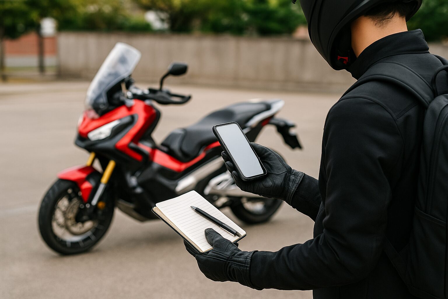 X-ADVの前でスマホとメモ帳を使って情報を集めるライダー