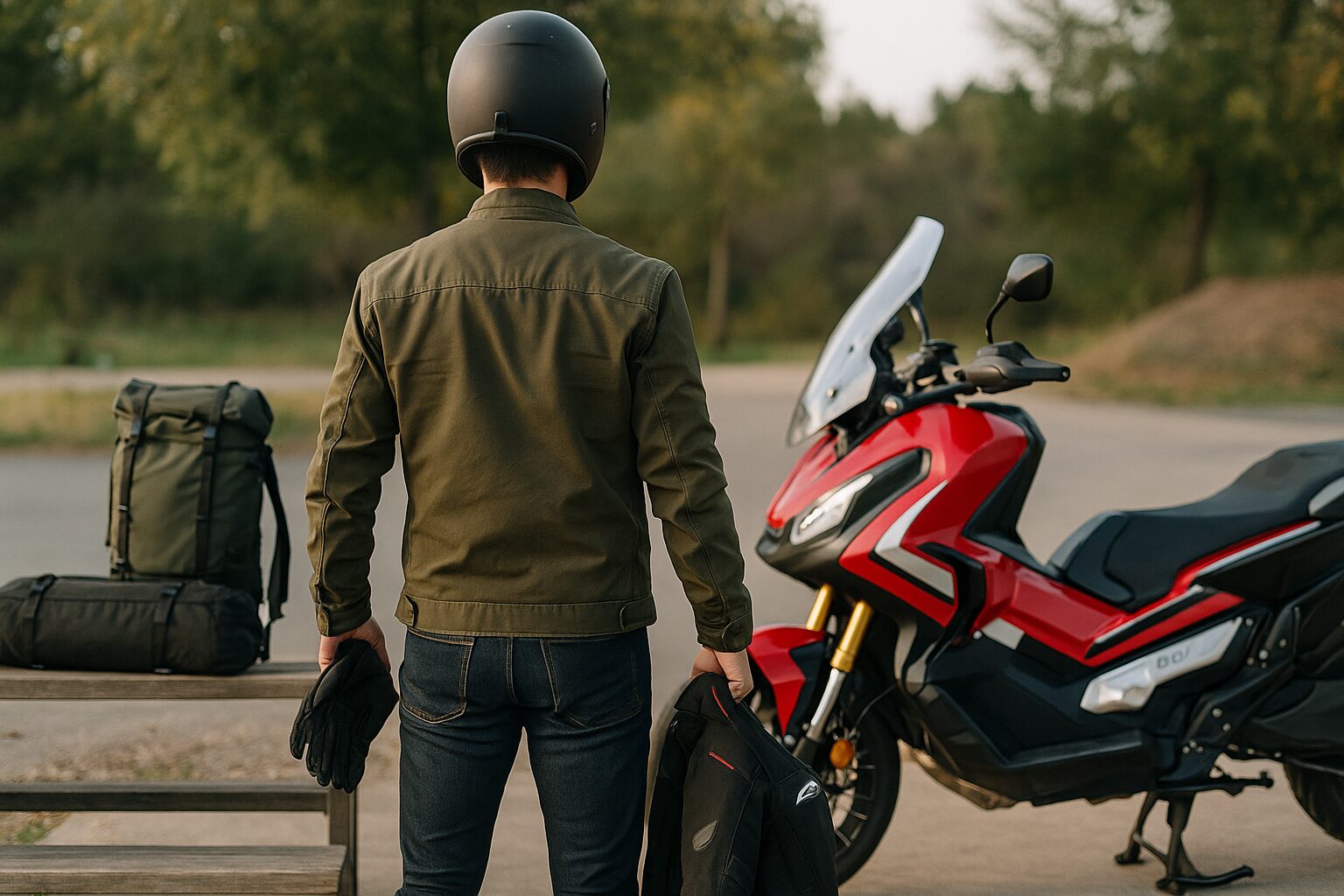 X-ADVの前で装備を比較し悩むライダーの後ろ姿