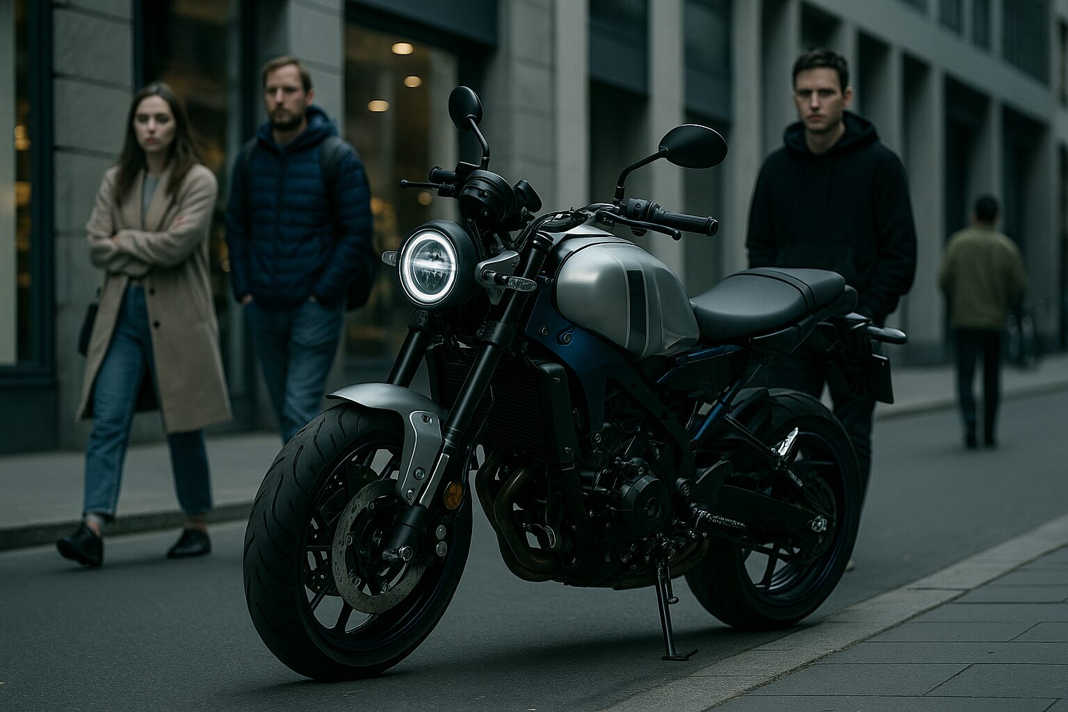 XSR900にまたがる30代の男性ライダー。バイクファッションでカフェ前に停車中のライフスタイル系ショット。明るく自然な背景