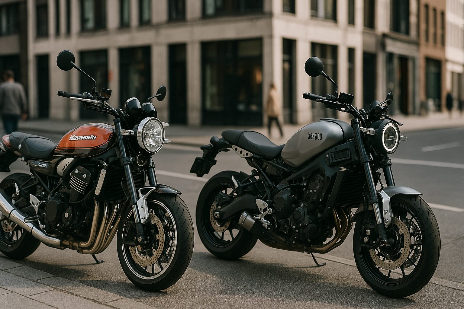 XSR900とZ900RSが街角に並んで停車。現代的とクラシックなスタイルの違いが際立つ
