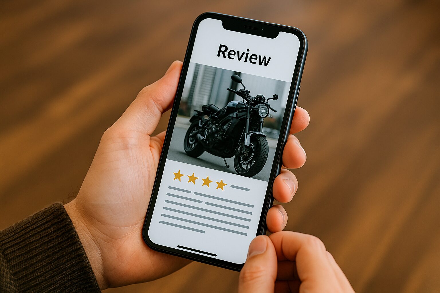 スマホでXSR900のレビューをチェックしている手元。星評価と写真が表示されている
