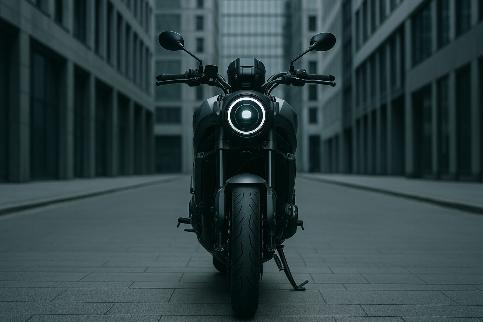 無機質なビル街に停まるXSR900。どこか孤立した雰囲気が漂う正面アングル