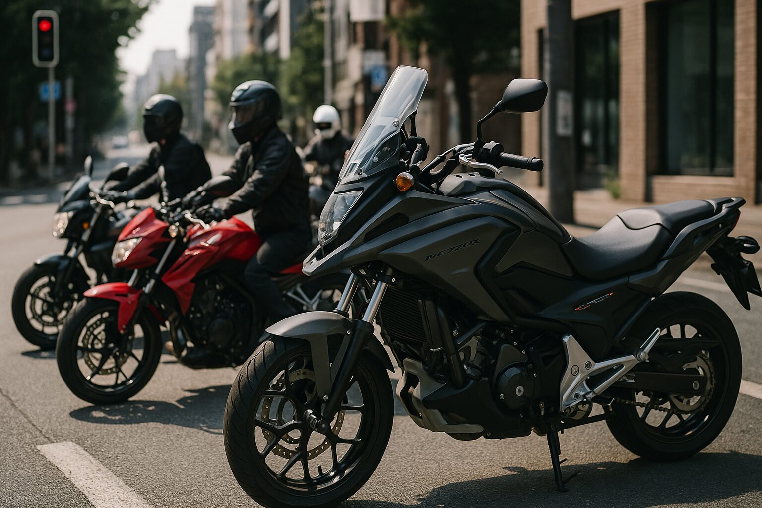 NC750Xが信号待ちで他のバイクと並ぶ様子を横長で撮影した写真