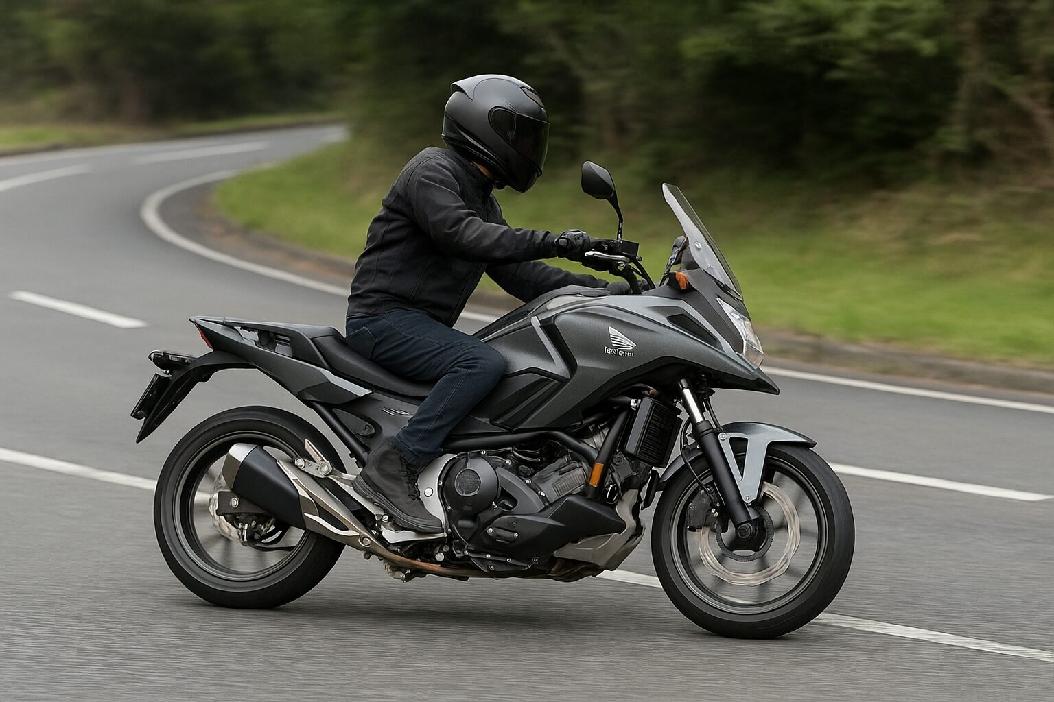 緩やかなカーブを走るNC750Xを横から捉えた走行中の写真