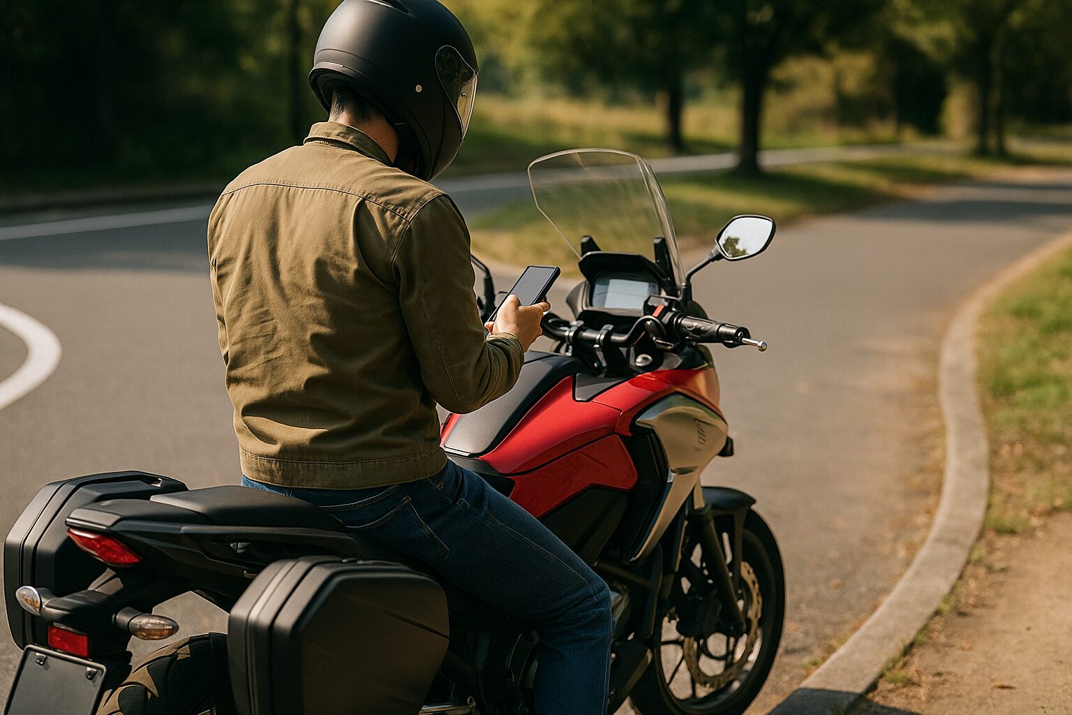 NC750Xにまたがってスマホを操作するライダーを後方から撮影した写真