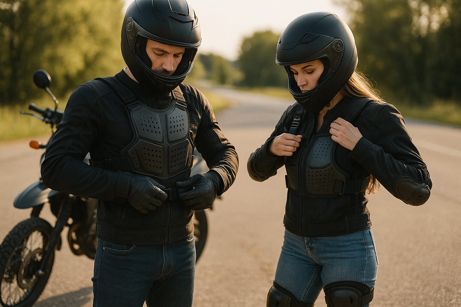 バイクに乗る男女ライダーがプロテクターを装着して出発準備をしている様子
