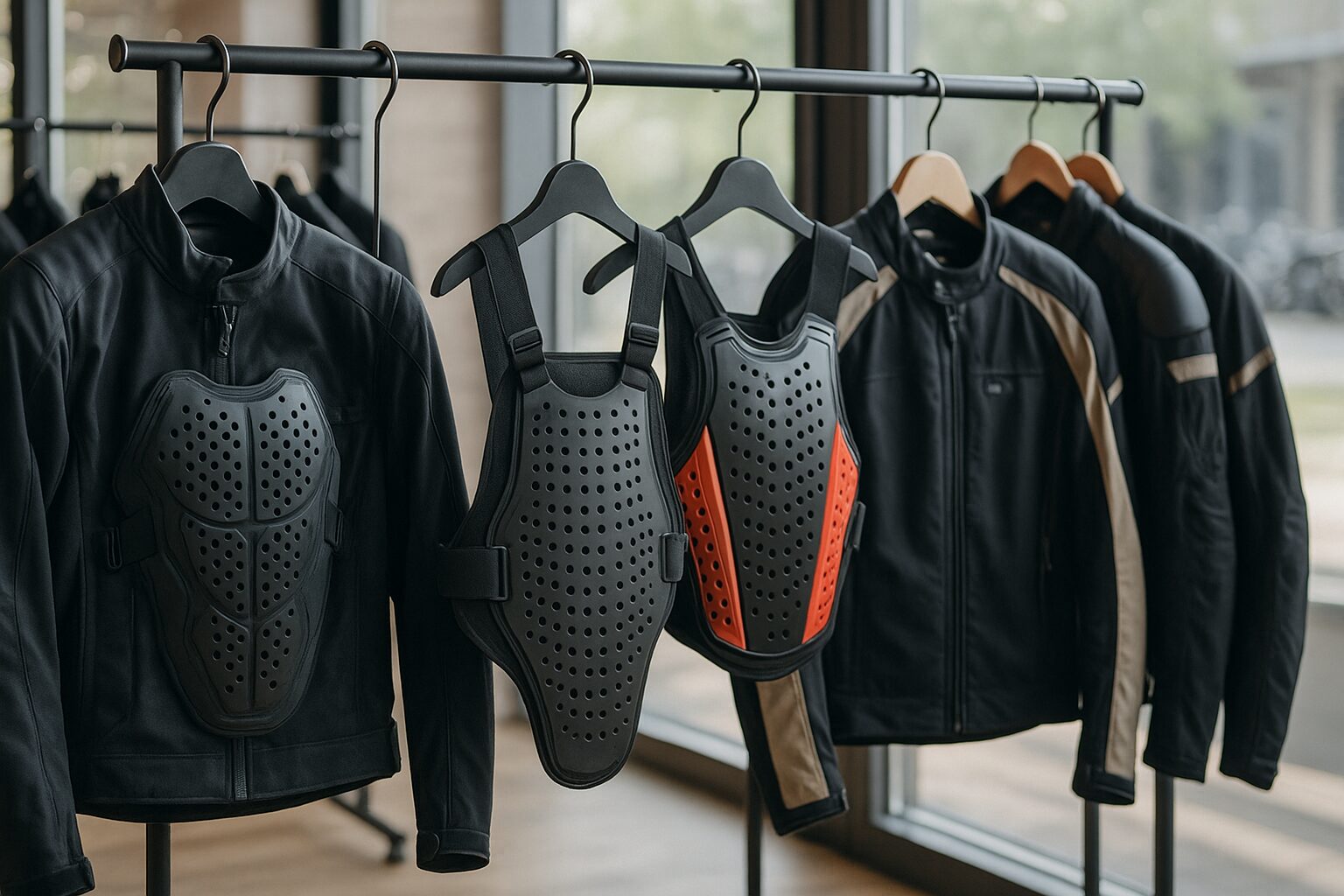 ハンガーに掛けられた一体型ジャケットと単体プロテクターが店内で展示されている様子