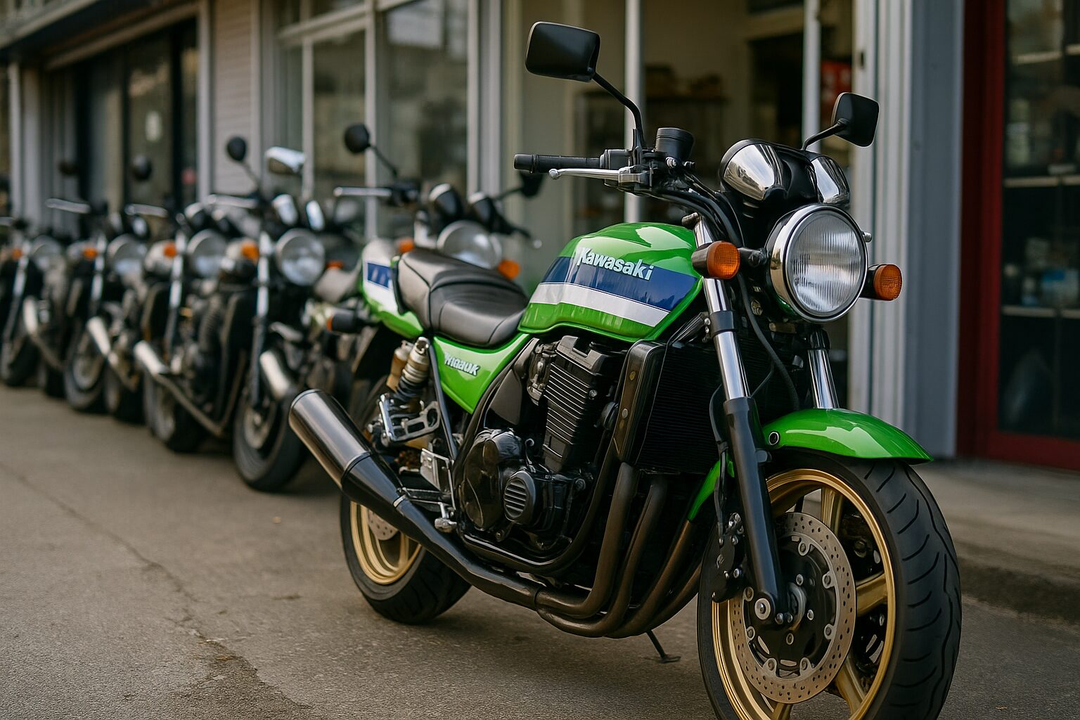 中古バイクショップの屋外に並ぶネイキッドバイクとZRX1100