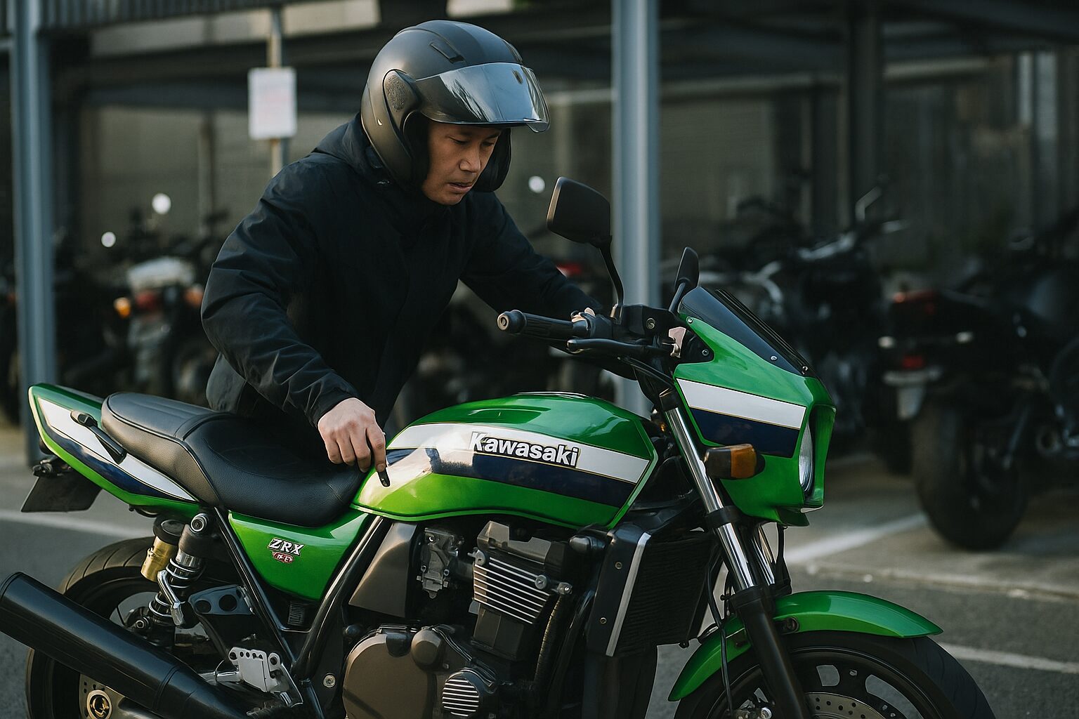 駐輪場でZRX1100を押し引きする男性ライダー