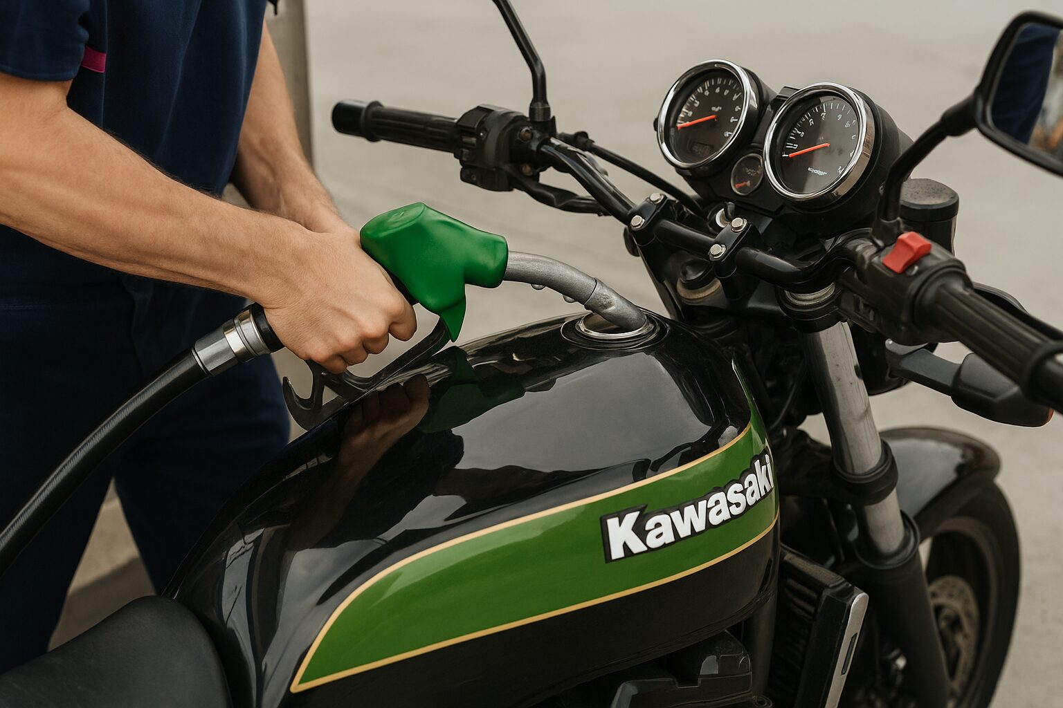 ZRX1100の燃料タンクに給油する場面とレトロなメーター
